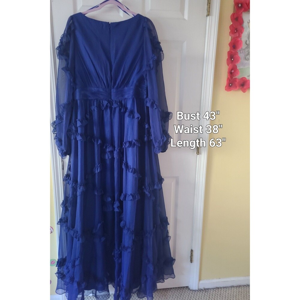 Mac Duggal Royal Blue Chiffon Maxi Dress Ruffle Long Sleeve V Neck 68223 Size 14 - Picture 3 of 5